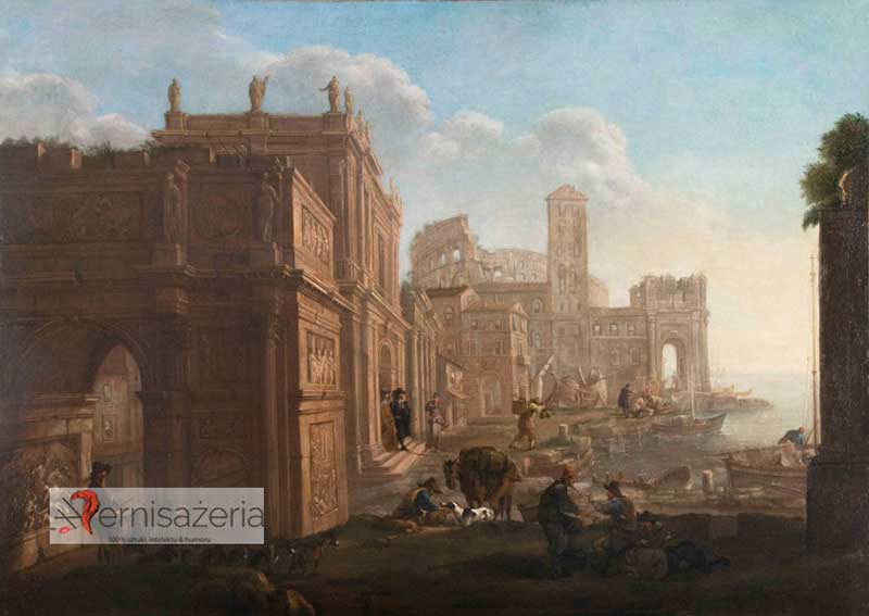 Alessandro Salucci i Jan Miel, Capriccio przedstawiający Łuk Konstantyna, Koloseum i Santa Maria in Cosmedin