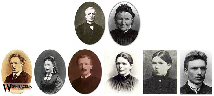 Rodzina Vincenta van GoghaOd góry od lewej: ojciec Theodorus van Gogh, matka Anna Cornelia van Gogh (z domu Carbentus); u dołu od lewej: Vincent Willem, siostra Anna Cornelia, brat Theo, siostra Elisabeth Huberta, siostra Willemina Jacoba, brat Cornelis