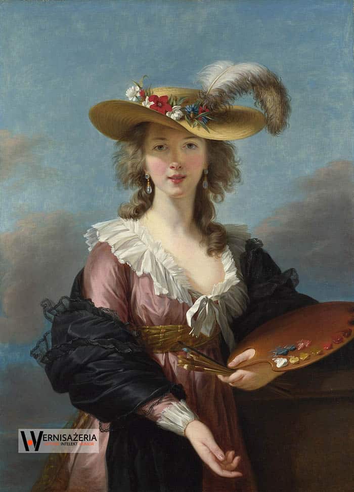 Herstoria sztuki. Silny głos silnych kobiet. Malarki, które zmieniły historię sztuki 75 A painting of a woman with a large hat and a brush. Elisabeth Louise Vigée Le Brun, Autoportret w słomianym kapeluszu