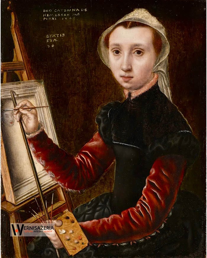 Herstoria sztuki. Silny głos silnych kobiet. Malarki, które zmieniły historię sztuki 60 A painting of a woman holding a paintbrush.Catharina van Hemessen, Autoportret. Pierwszy w historii portret artysty przy sztalugach