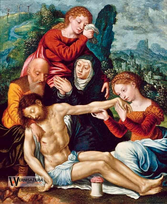 Herstoria sztuki. Silny głos silnych kobiet. Malarki, które zmieniły historię sztuki 57 The painting shows jesus laying on the cross with three women. Catharina van Hemessen, Opłakiwanie Chrystusa
