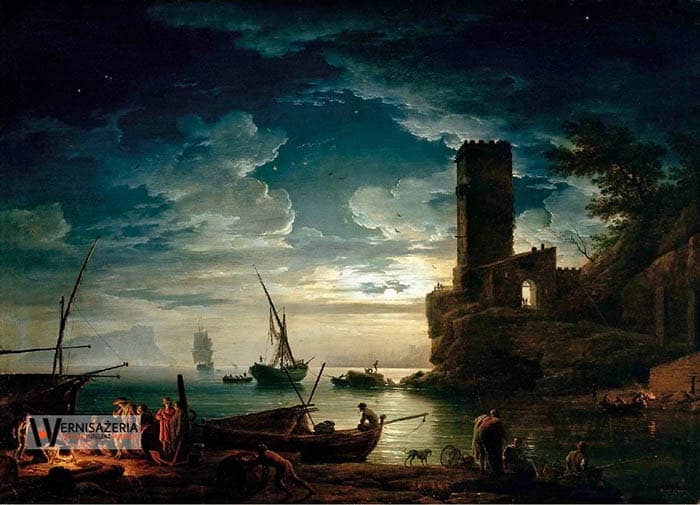 Herstoria sztuki. Silny głos silnych kobiet. Malarki, które zmieniły historię sztuki 70 A painting of boats on the water at night with a castle in the background. Claude-Joseph Vernet, Noc. Scena wybrzeża Morza Śródziemnego z rybakami i łodziami