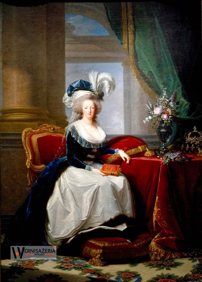 Herstoria sztuki. Silny głos silnych kobiet. Malarki, które zmieniły historię sztuki 73 A painting of a woman in a blue dress sitting on a red chair.Elisabeth Louise Vigée Le Brun, Louise Marie Adelaide de Bourbon-Penthièvre, księżna Orleanu