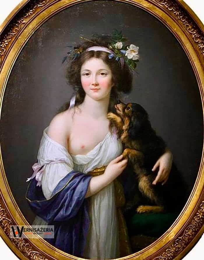 Herstoria sztuki. Silny głos silnych kobiet. Malarki, które zmieniły historię sztuki 74 A painting of a woman holding a dog. Elisabeth Louise Vigée Le Brun, Portret Mme d'Aguesseau