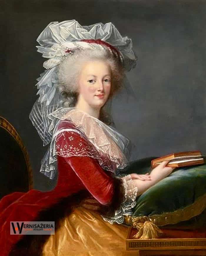 Herstoria sztuki. Silny głos silnych kobiet. Malarki, które zmieniły historię sztuki 77 A painting of a woman in red holding a book. Elisabeth Louise Vigée Le Brun, Maria Antonina Austriaczka z książką