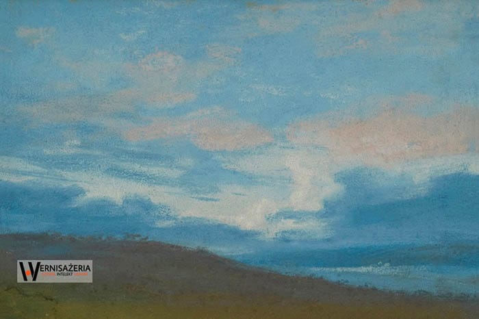 Herstoria sztuki. Silny głos silnych kobiet. Malarki, które zmieniły historię sztuki 78 A painting of clouds over a hill and water. Elisabeth Louise Vigée Le Brun, Studium nieba