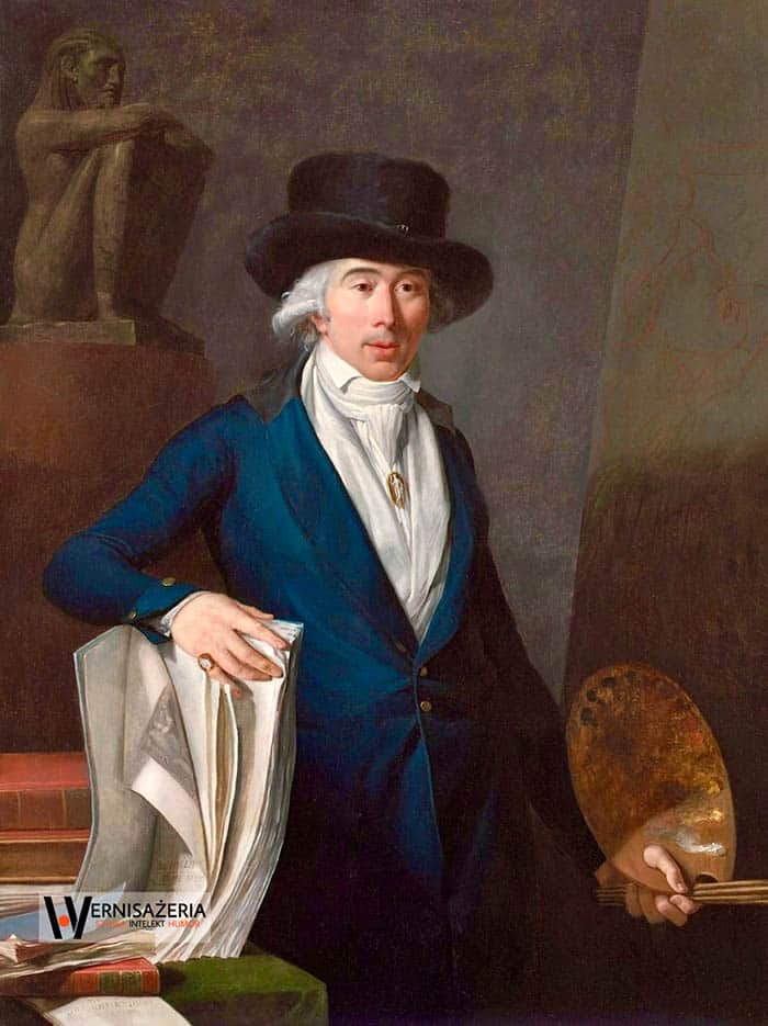 Herstoria sztuki. Silny głos silnych kobiet. Malarki, które zmieniły historię sztuki 71 A painting of a man in a blue suit holding a paintbrush. Jean-Baptiste Pierre Le Brun, Autoportret
