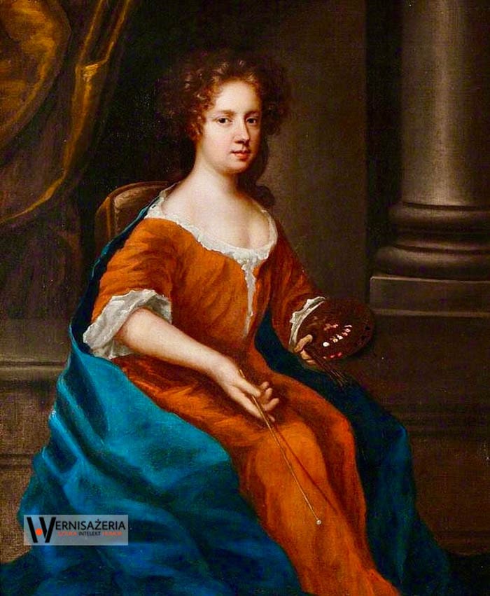 Herstoria sztuki. Silny głos silnych kobiet. Malarki, które zmieniły historię sztuki 67 A painting of a woman in an orange dress holding a mirror. Mary Beale, Autoportret