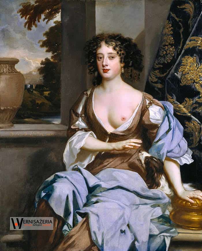 Herstoria sztuki. Silny głos silnych kobiet. Malarki, które zmieniły historię sztuki 64 A painting of a woman in a blue dress sitting on a ledge. Sir Peter Lely, Margaret Hughes