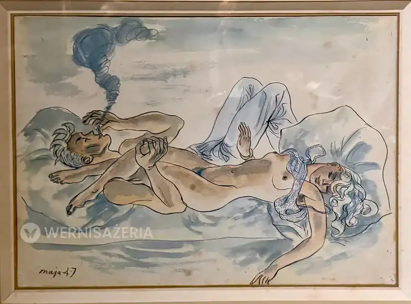 PATRONAT WERNISAŻERII: „Miłość”, Muzeum Narodowe w Kielcach 78 Akt kobiecy i półakt męski Mai Berezowskiej z 1947 roku – naga kobieta leży na łóżku obok częściowo ubranego mężczyzny palącego papierosa.